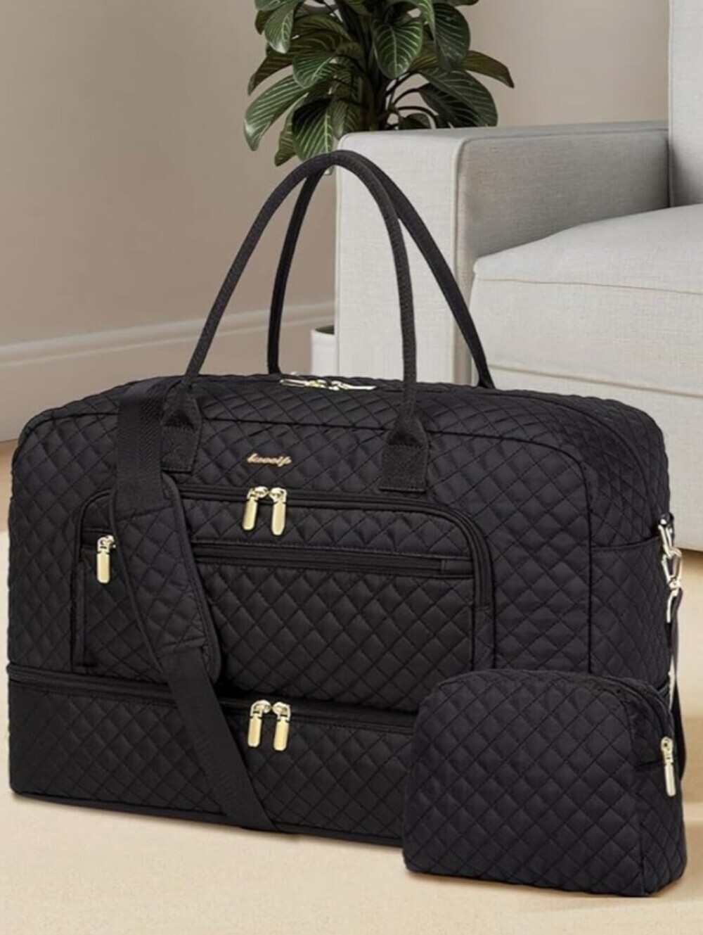 Quilted Black Weekender Duffel Bag with Cosmetic Pouch